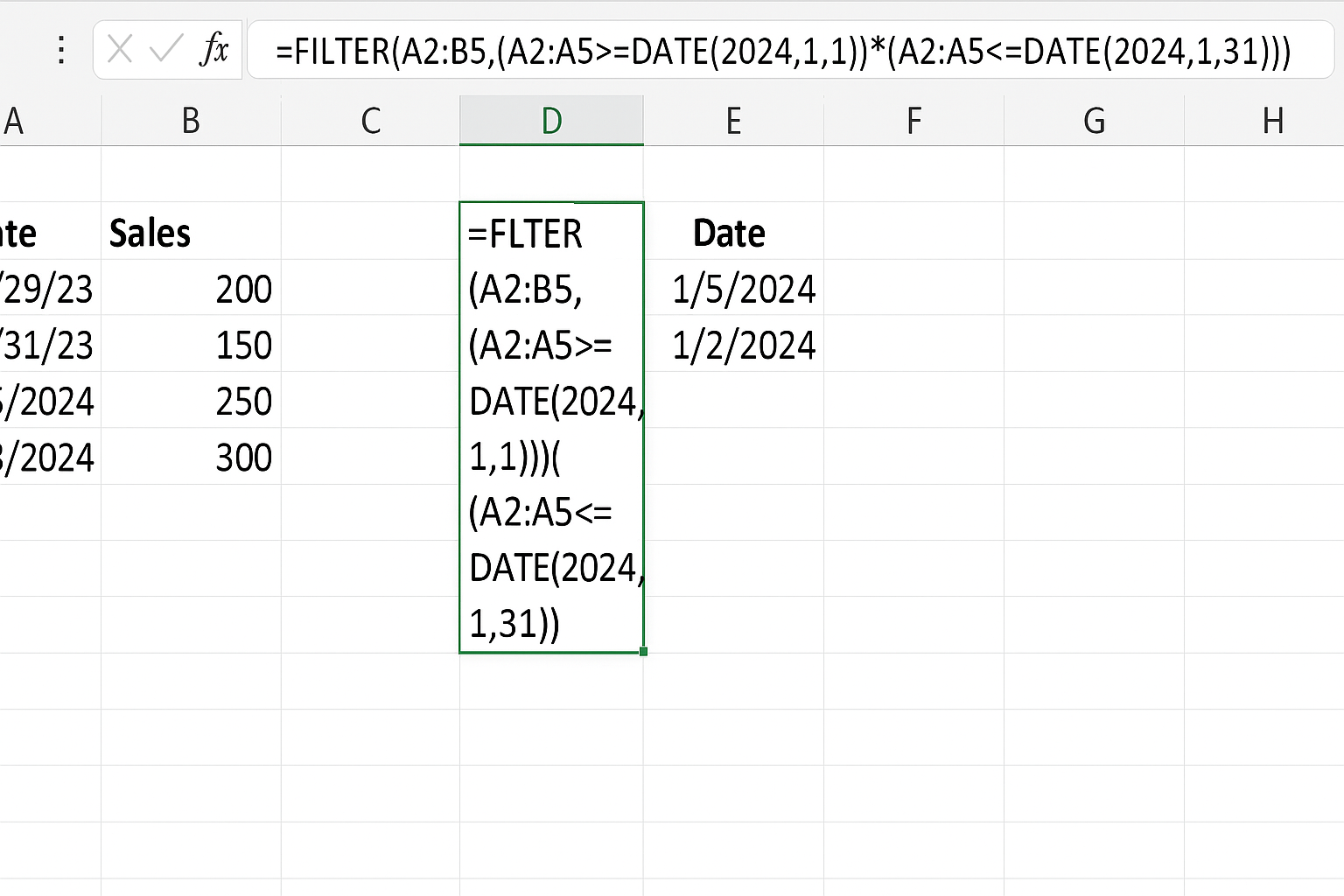 Excel worksheet showing FILTER function filtering sales data for January 2024 dates