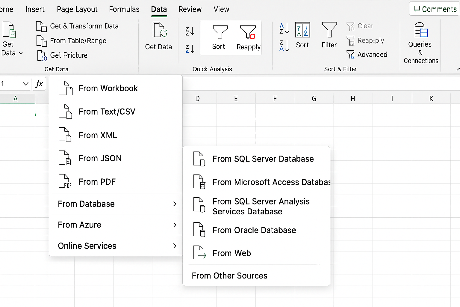 Excel Data tab with Get Data dropdown menu expanded