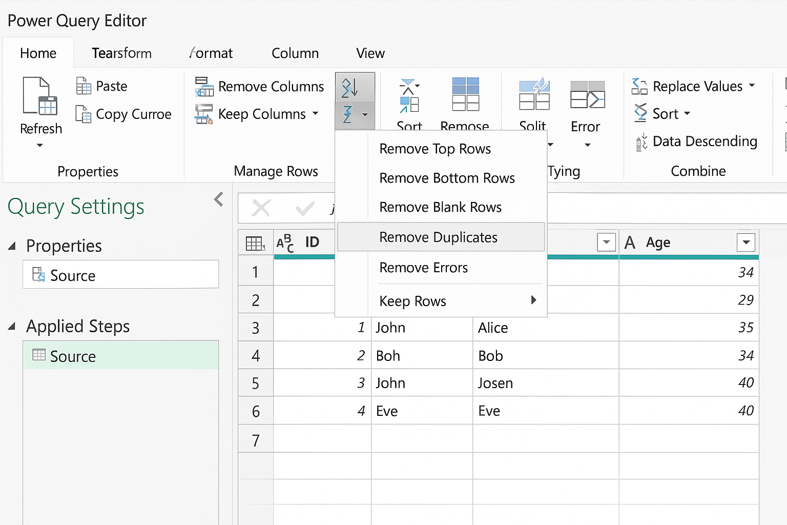 Power Query Editor showing Remove Duplicates option selected on the Home tab