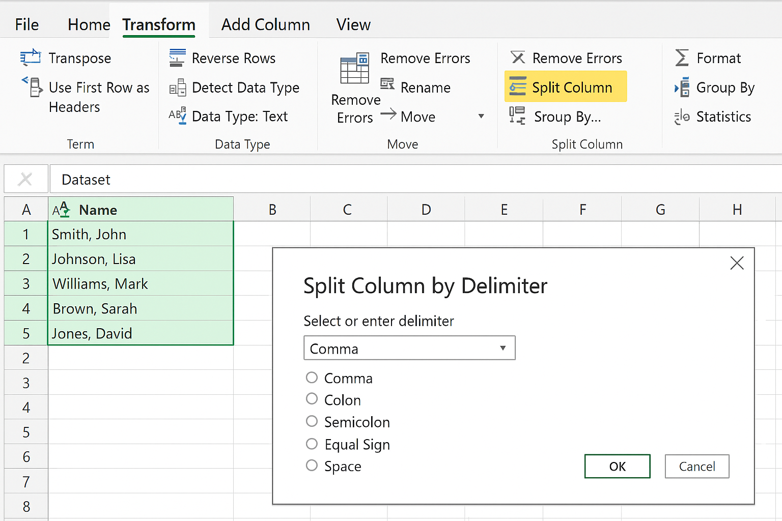 Power Query Editor with Split Column option selected on the Transform tab