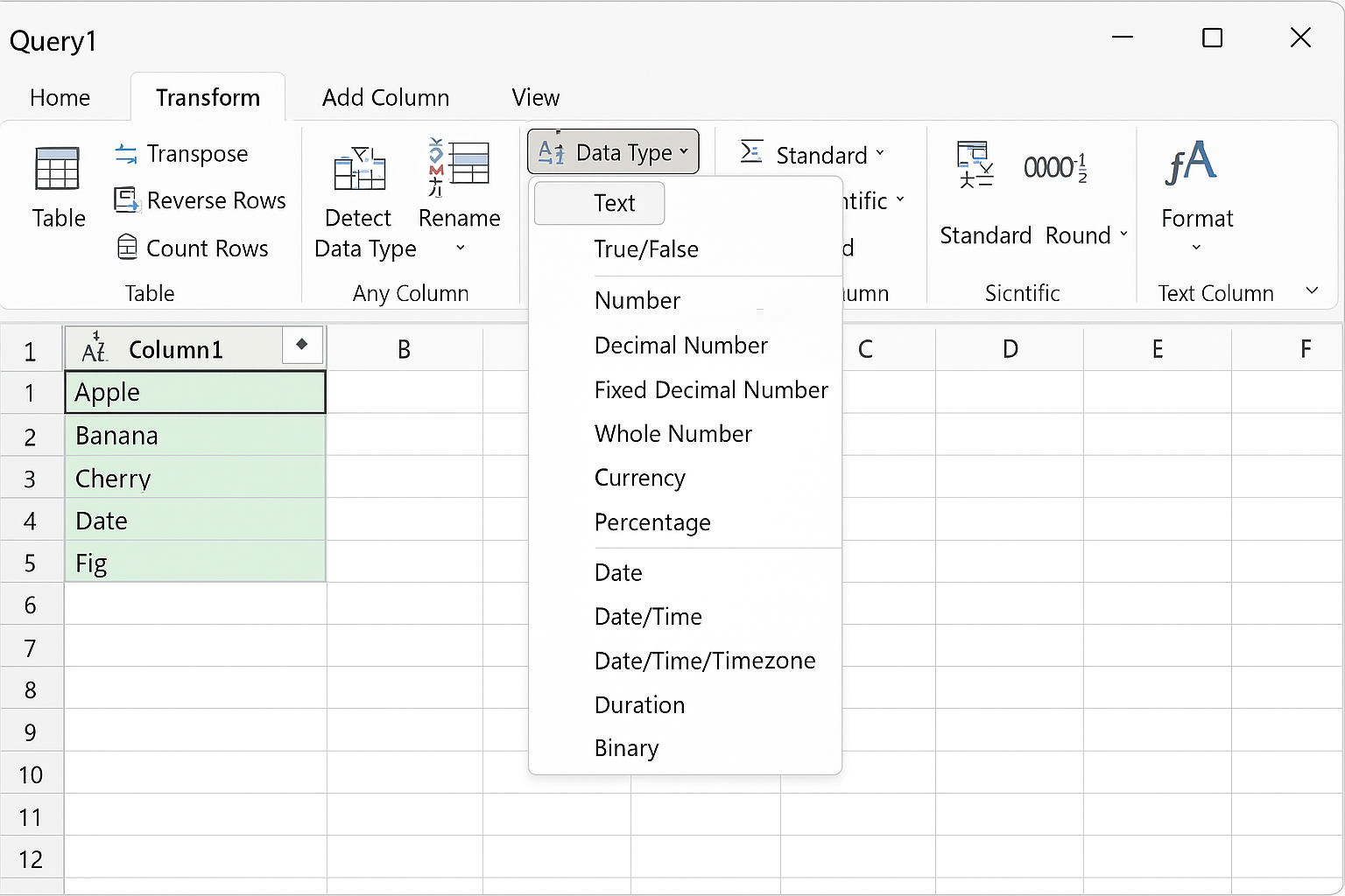 Power Query Editor showing Data Type dropdown with options like text, number, date
