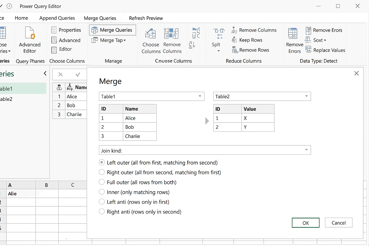 Power Query Editor with Merge Queries option selected on the Home tab