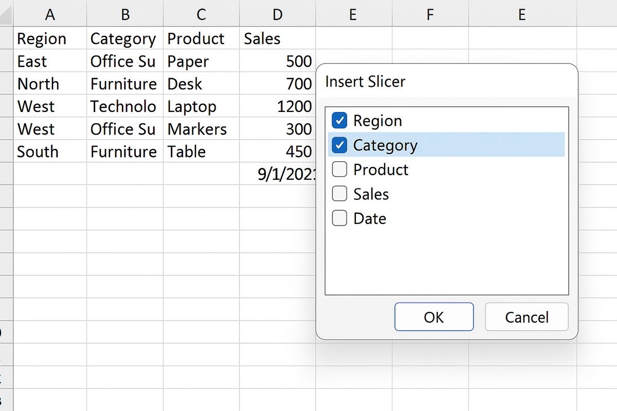 Insert Slicer dialog box open with multiple fields selected and OK button ready to be clicked