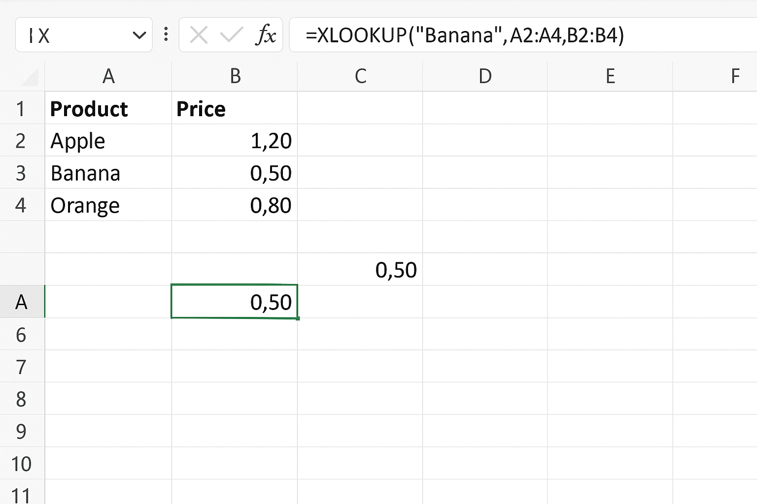 Excel worksheet showing XLOOKUP formula to find price of Banana