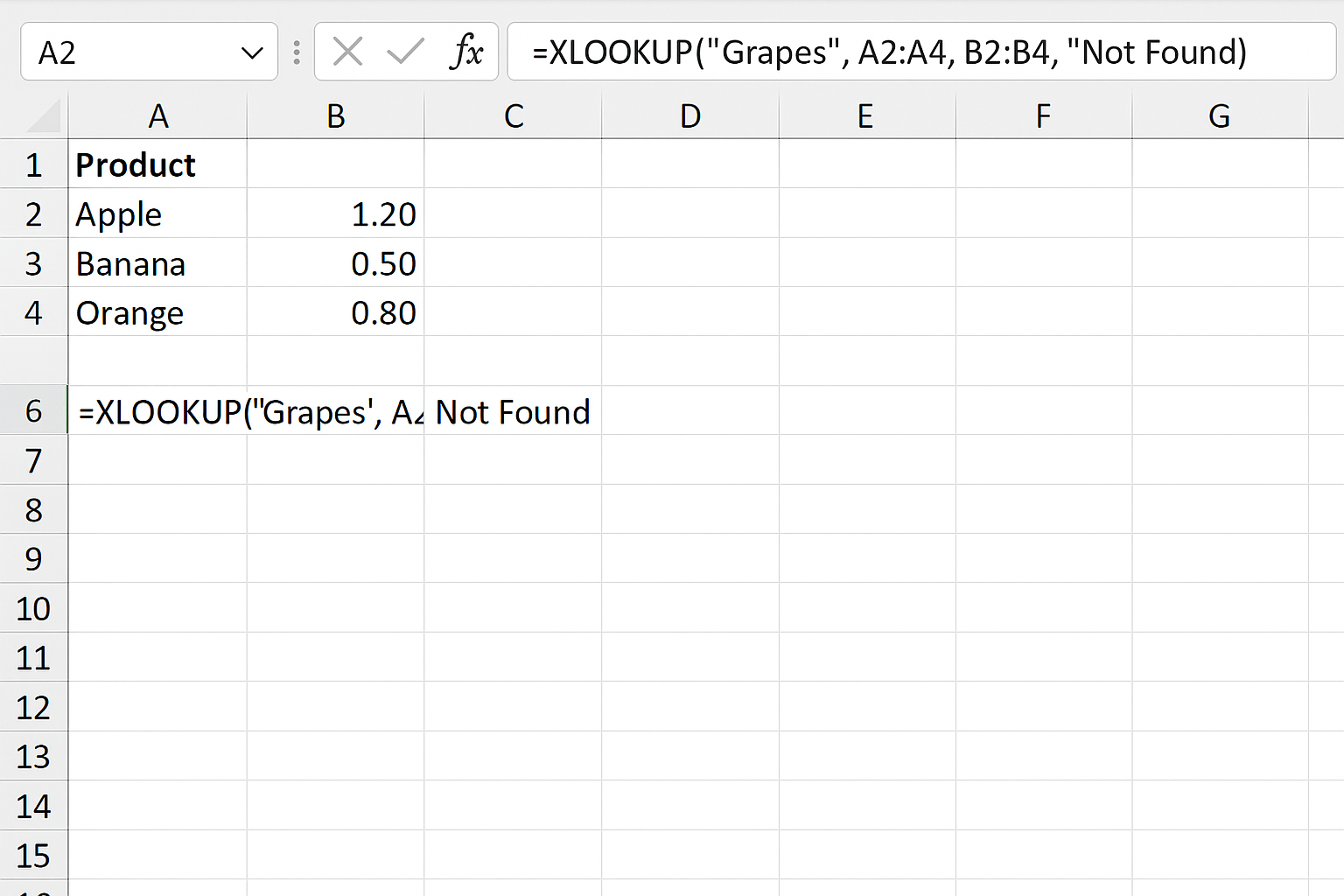 Excel worksheet showing XLOOKUP formula with if_not_found argument returning 'Not Found'