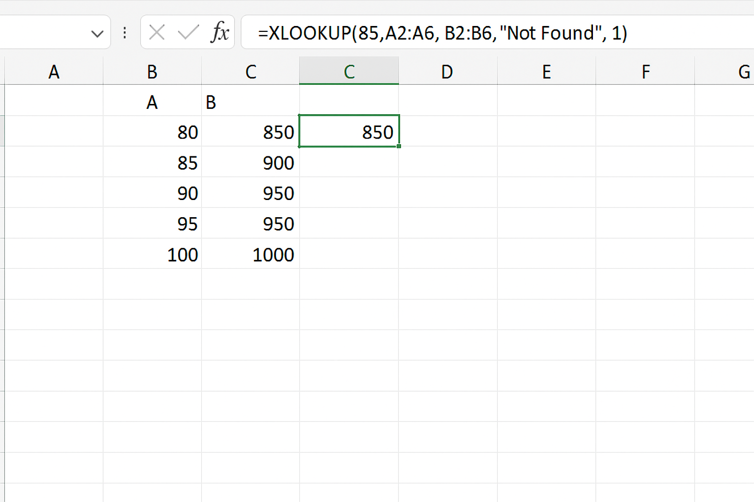Excel worksheet showing XLOOKUP formula with match_mode set to 1 for exact or next larger match