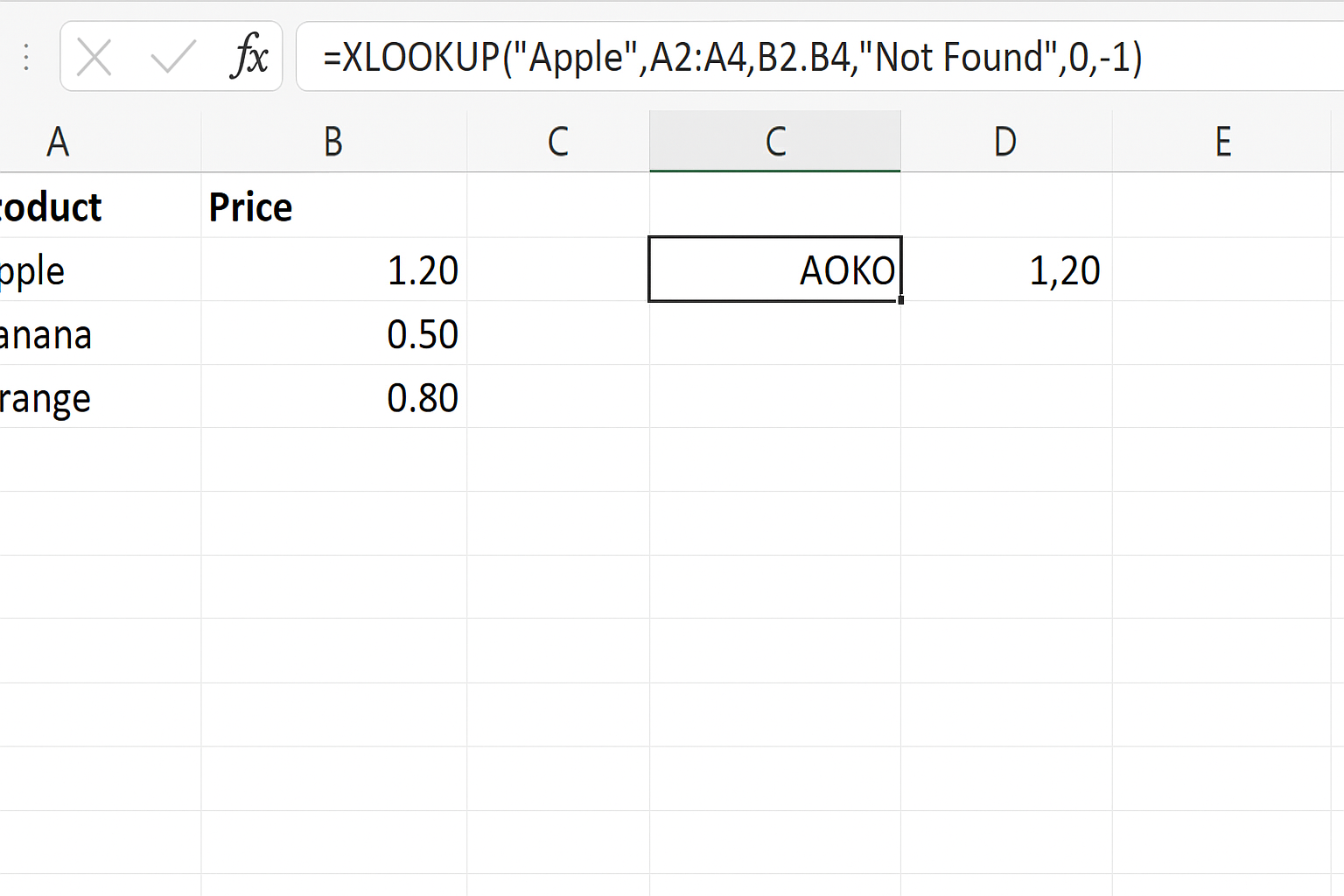 Excel worksheet showing XLOOKUP formula searching from bottom to top with search_mode -1