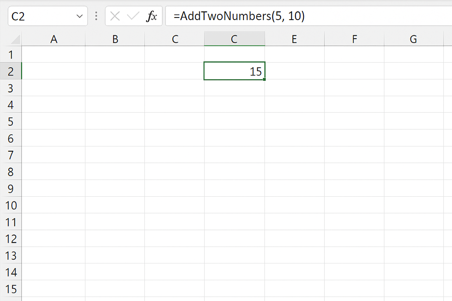 Excel worksheet with cell containing formula =AddTwoNumbers(5, 10) showing result 15