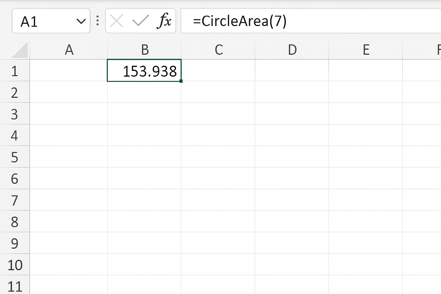 Excel worksheet with cell containing formula =CircleArea(7) showing calculated area