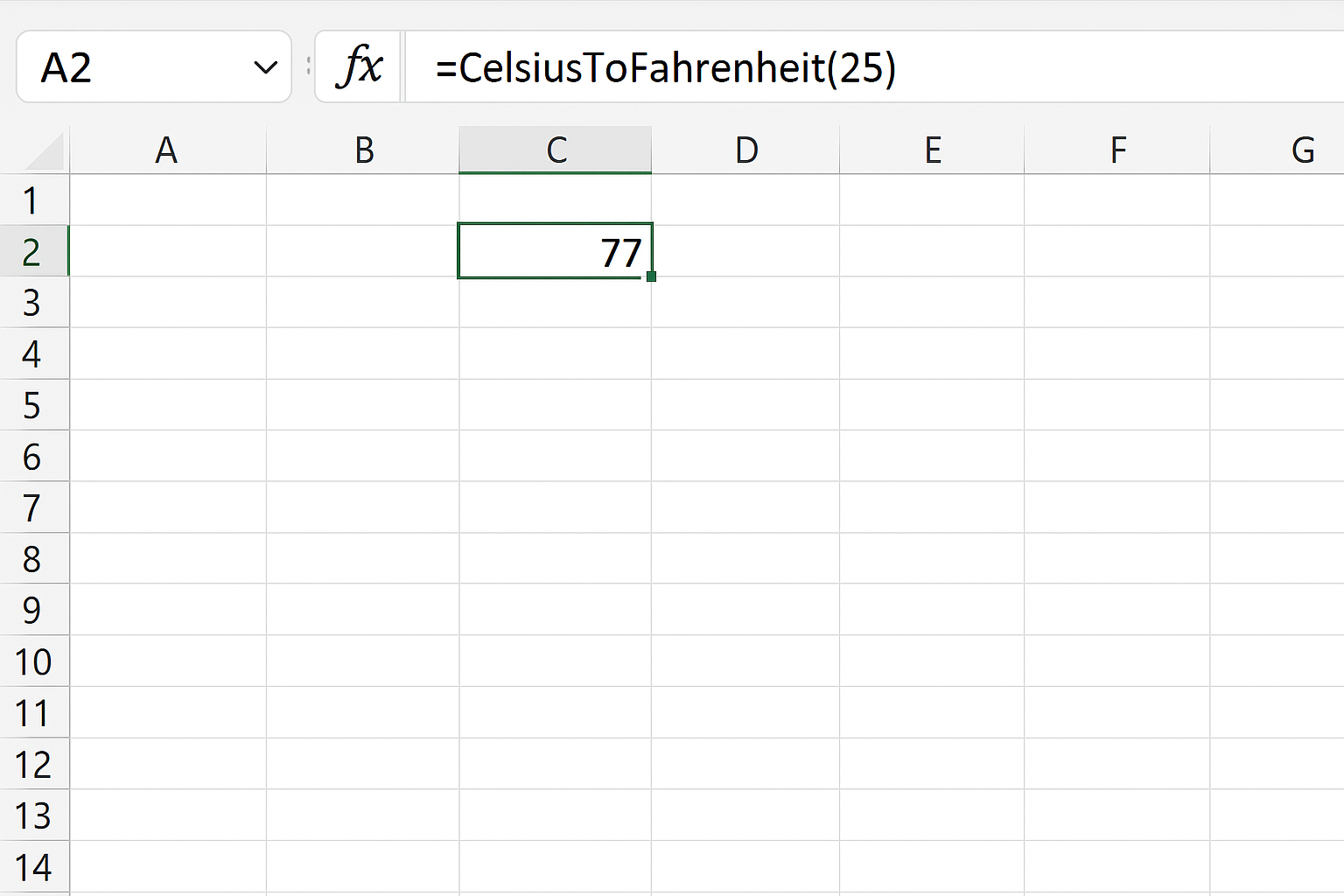 Excel worksheet with cell containing formula =CelsiusToFahrenheit(25) showing result 77