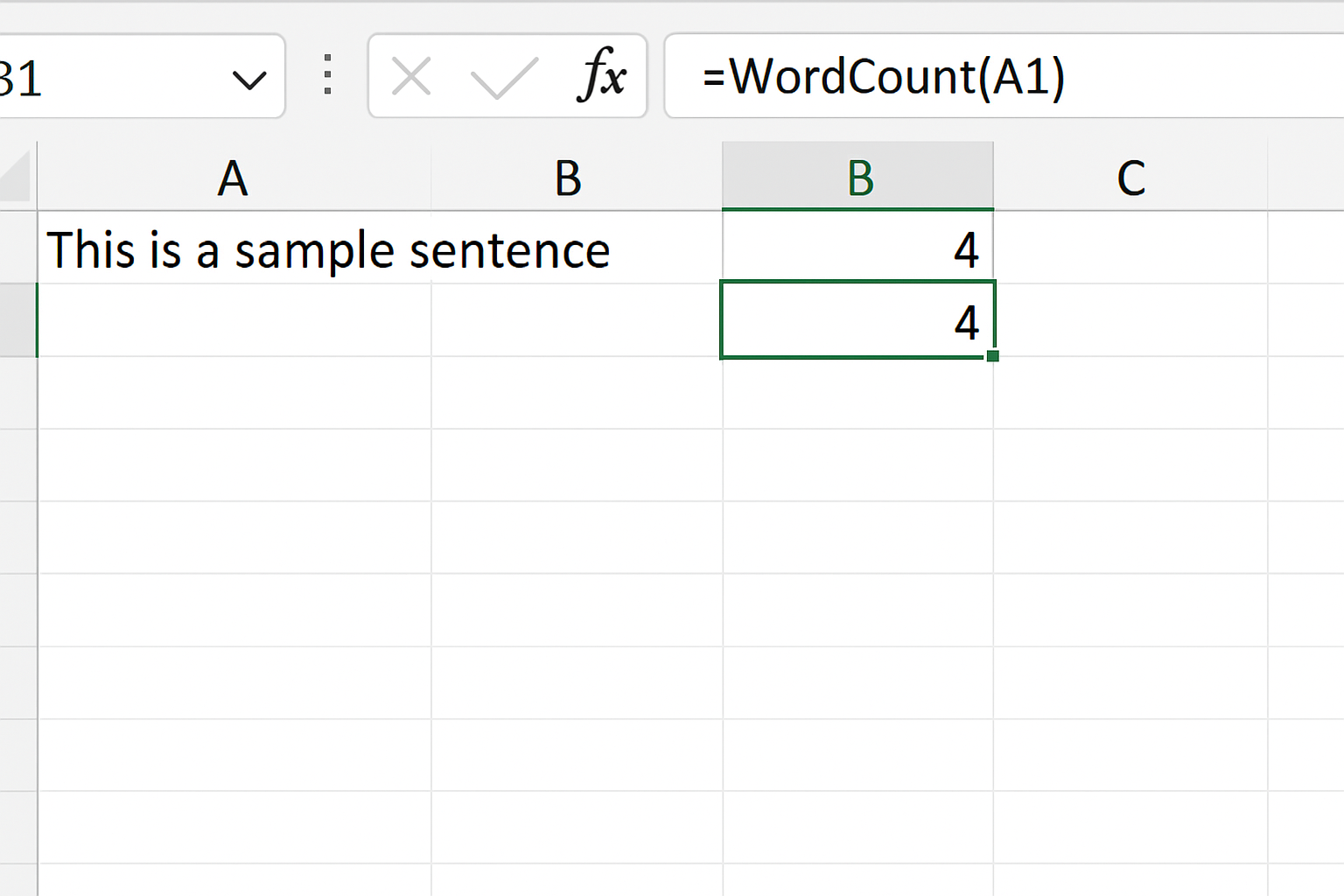 Excel worksheet showing formula =WordCount(A1) counting words in cell A1