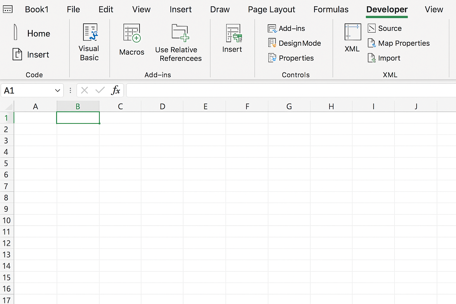 Excel ribbon with Developer tab enabled