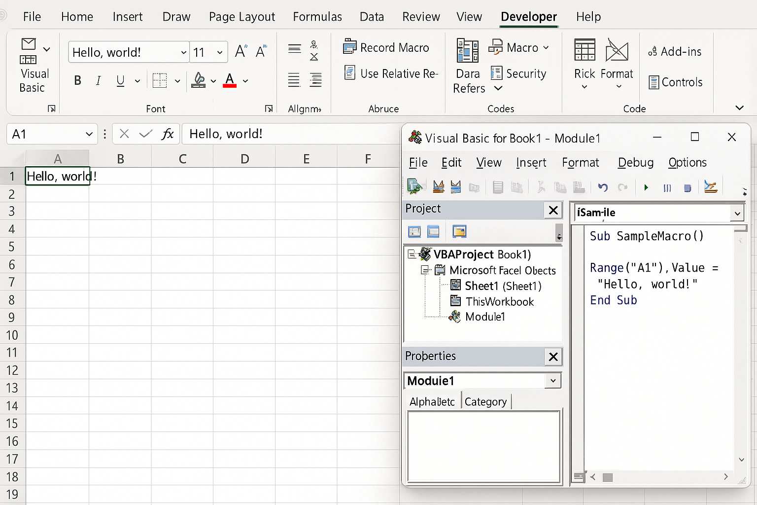 Excel window with Visual Basic for Applications editor open