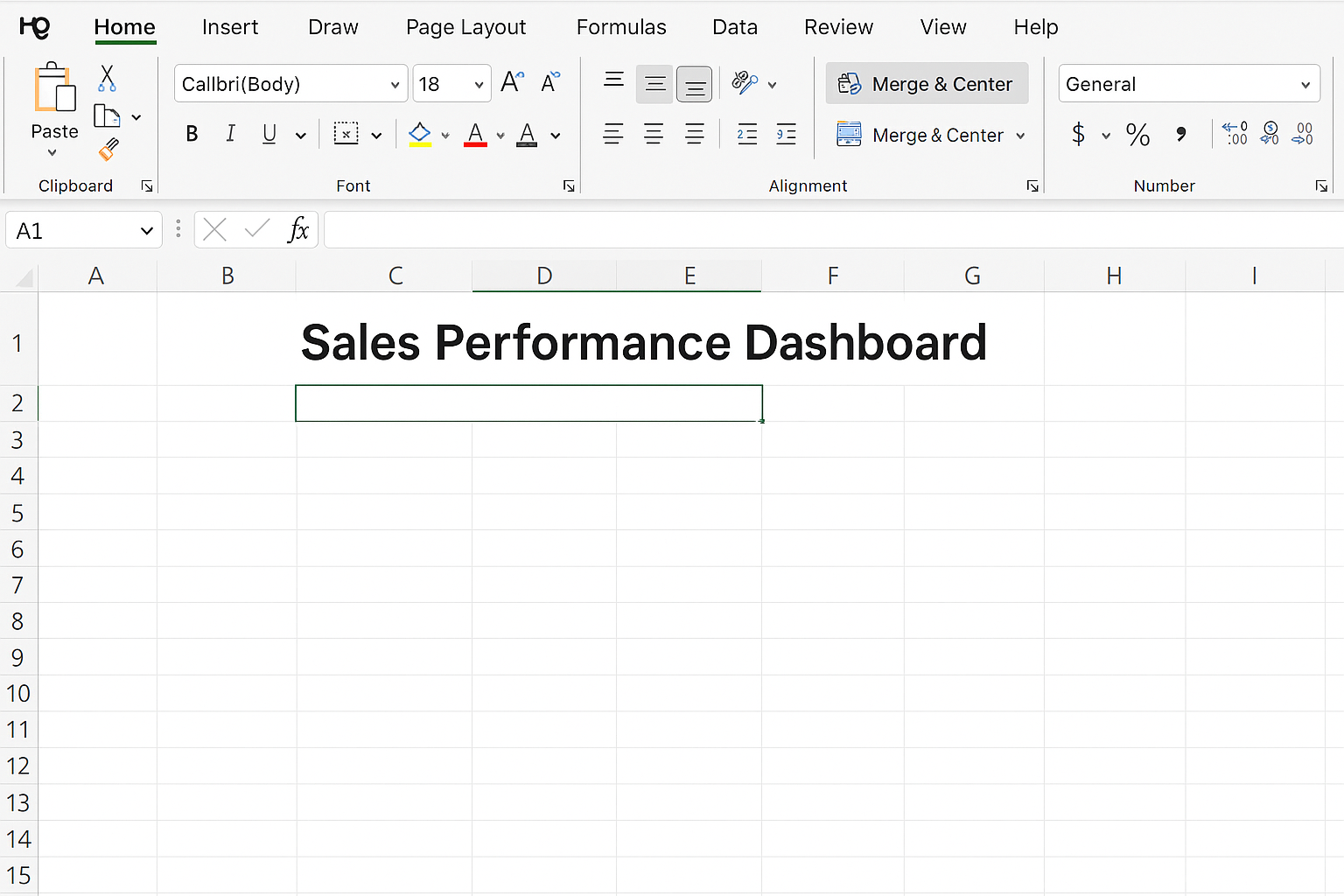 Excel worksheet showing merged and centered title 'Sales Performance Dashboard' in cells A1 to F1 with font size 18 and bold formatting