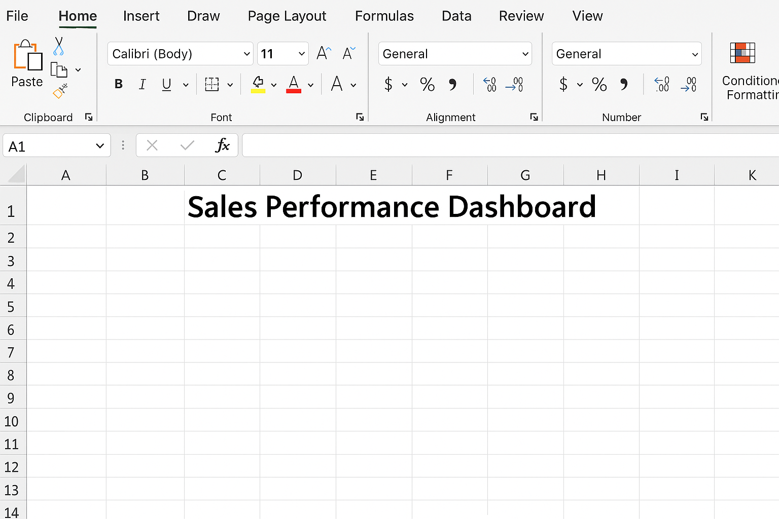 Excel worksheet with merged title cell A1:F1 showing 'Sales Performance Dashboard' in bold font size 18