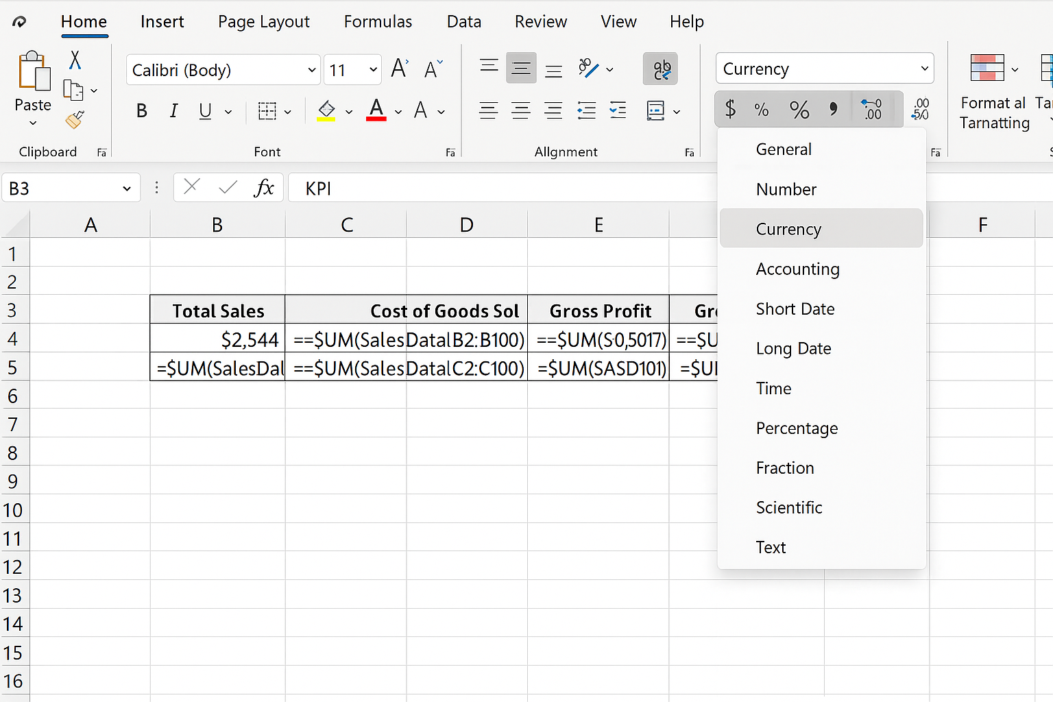Excel worksheet showing KPI labels in row 2 and KPI values with SUM formulas in cells B3, D3, F3, and H3 formatted as currency and percentages