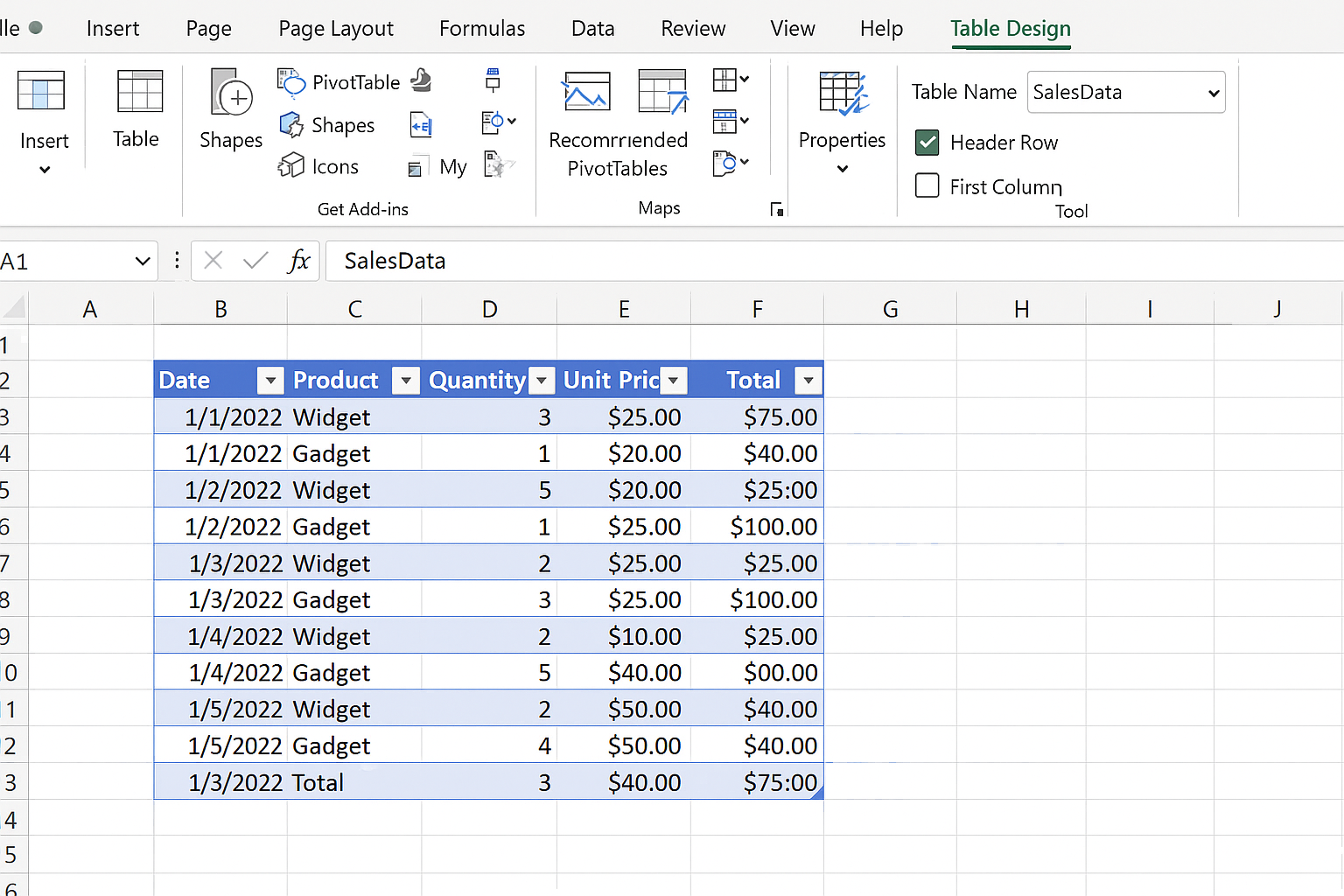 Excel worksheet with a selected data range converted into a formatted Excel table named SalesData with headers visible
