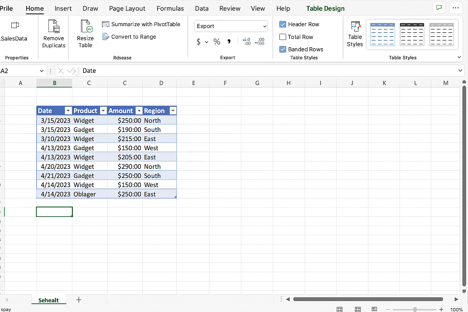 Excel worksheet with raw data range converted into a formatted Excel table named SalesData