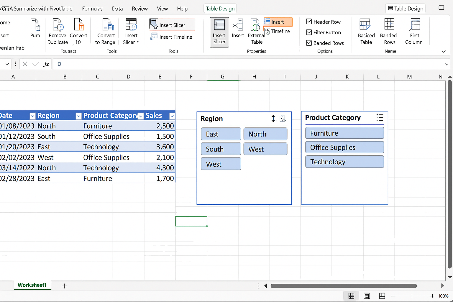 Excel worksheet showing slicers for 'Region' and 'Product Category' placed beside an Excel table on the dashboard