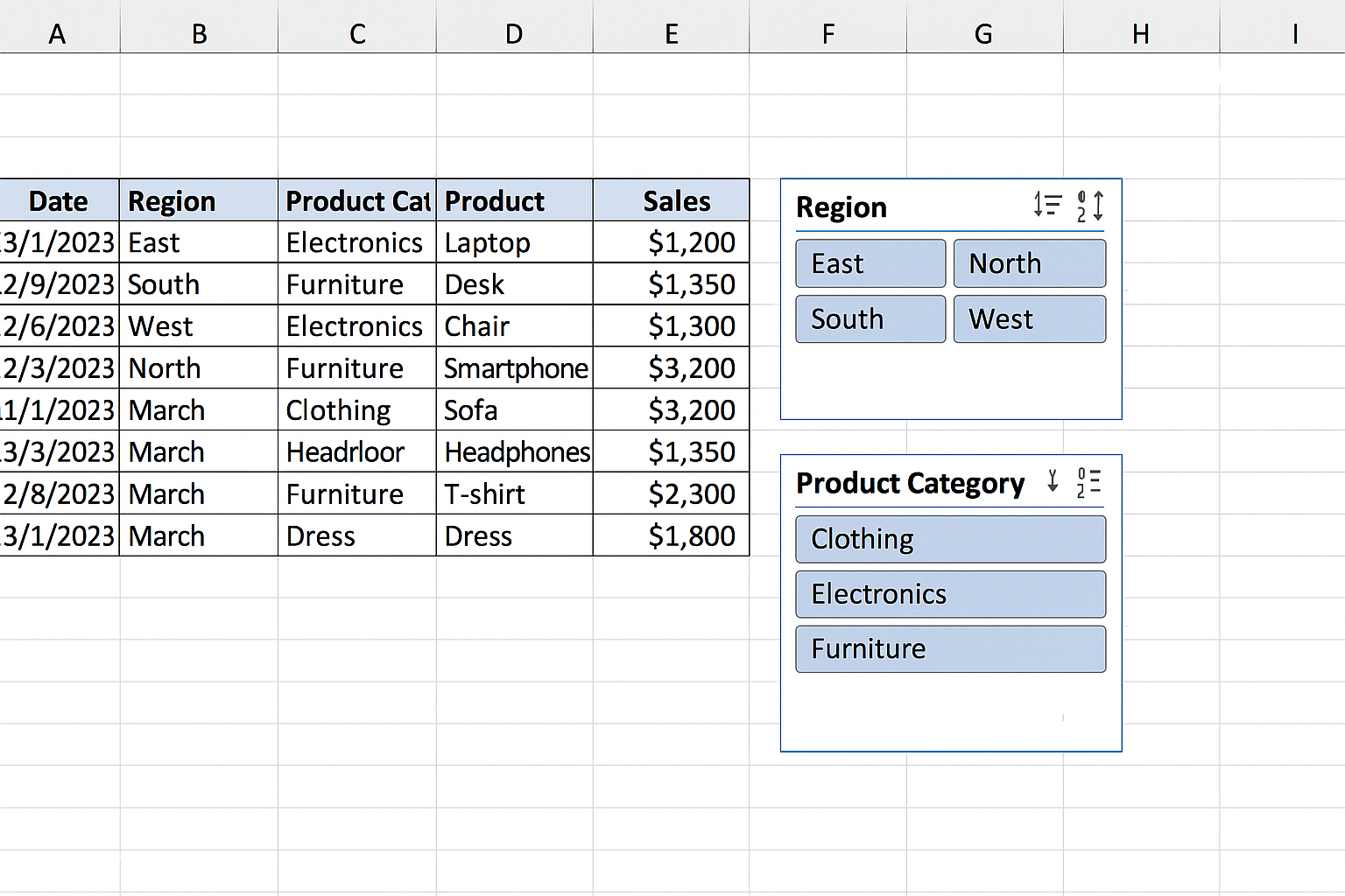Excel worksheet showing slicers for Region and Product Category placed beside an Excel table