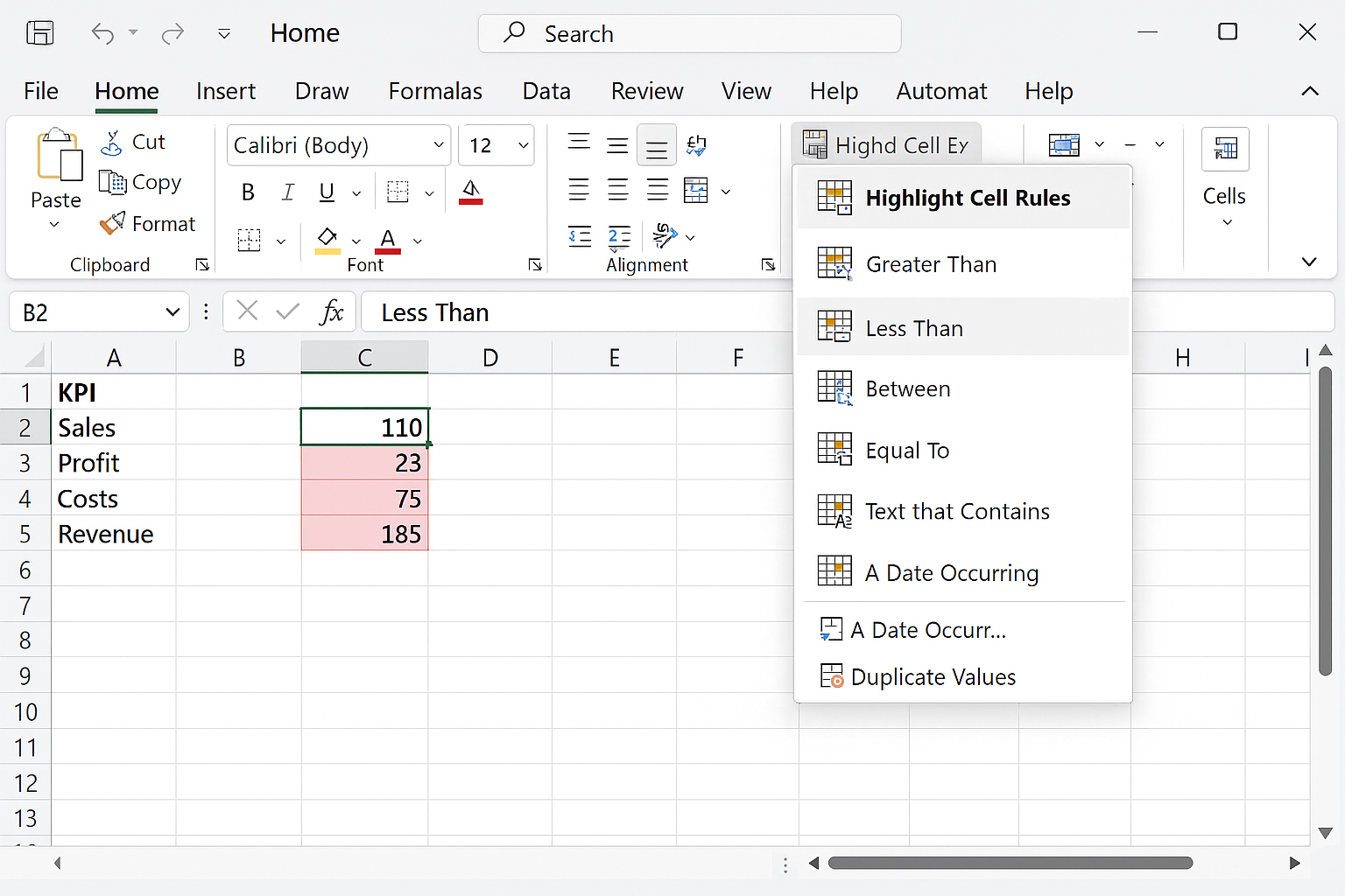 Excel worksheet with KPI cells highlighted in red where values are less than the target using conditional formatting