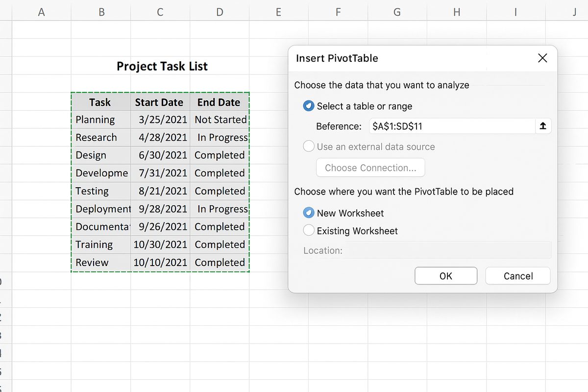 Excel worksheet with data range selected and Insert PivotTable dialog open