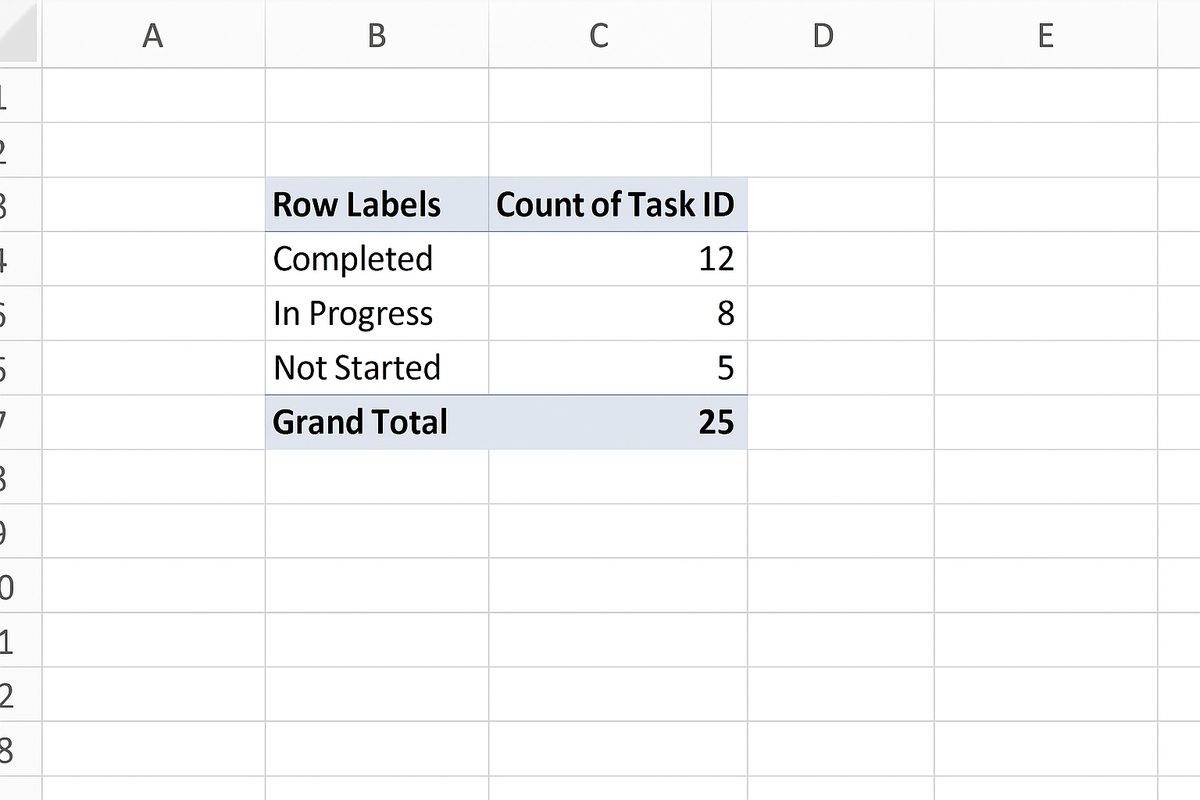 Pivot table showing count of Task IDs by Status in Values area