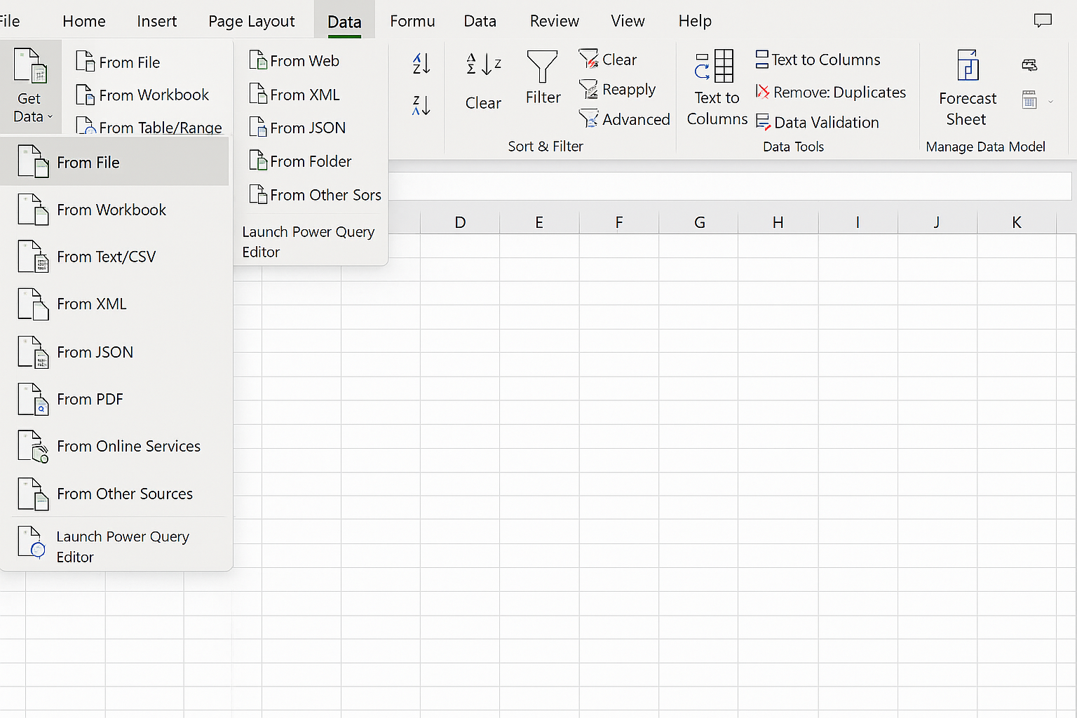 Excel Data tab with Get Data menu open showing data source options