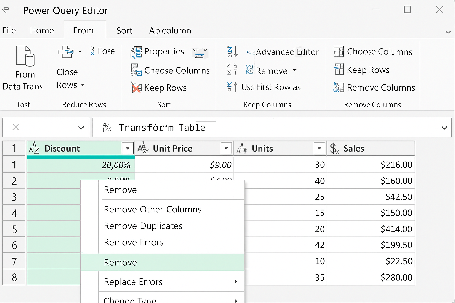 Power Query Editor with Discount column right-click menu open showing Remove option