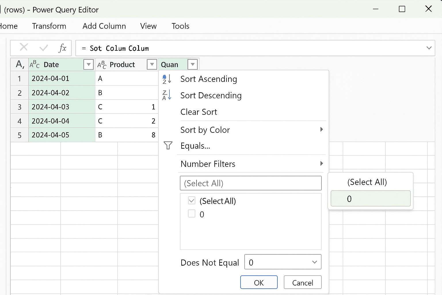 Power Query Editor showing Quantity column filter dropdown with filter excluding zero values