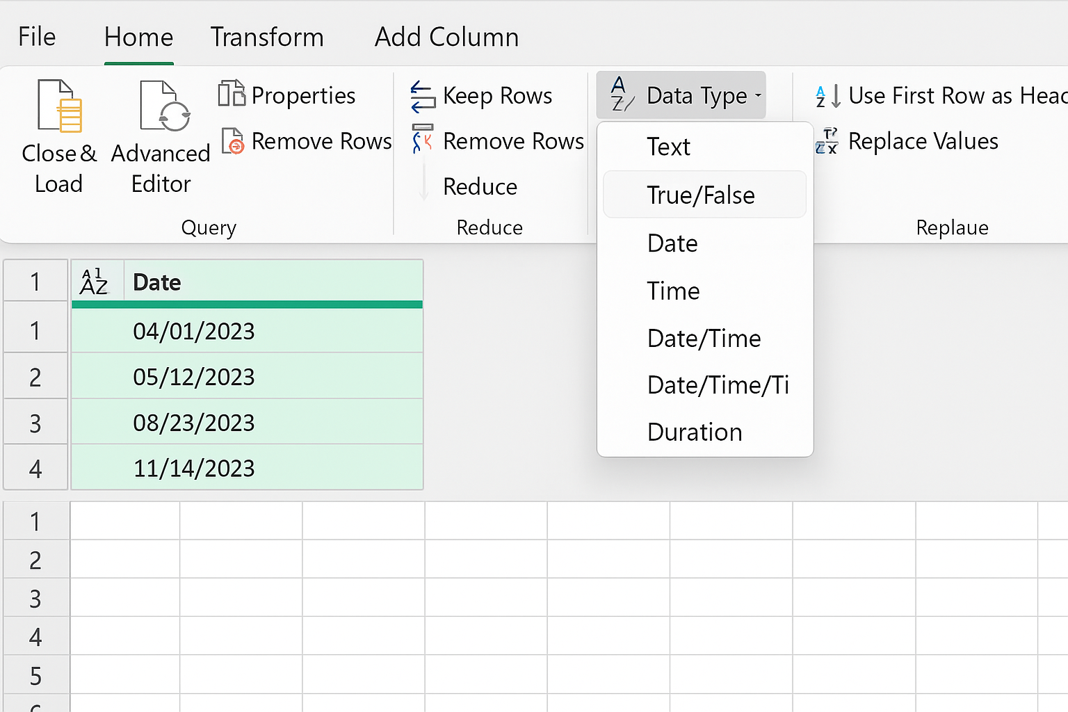 Power Query Editor with Date column selected and Data Type dropdown set to Date