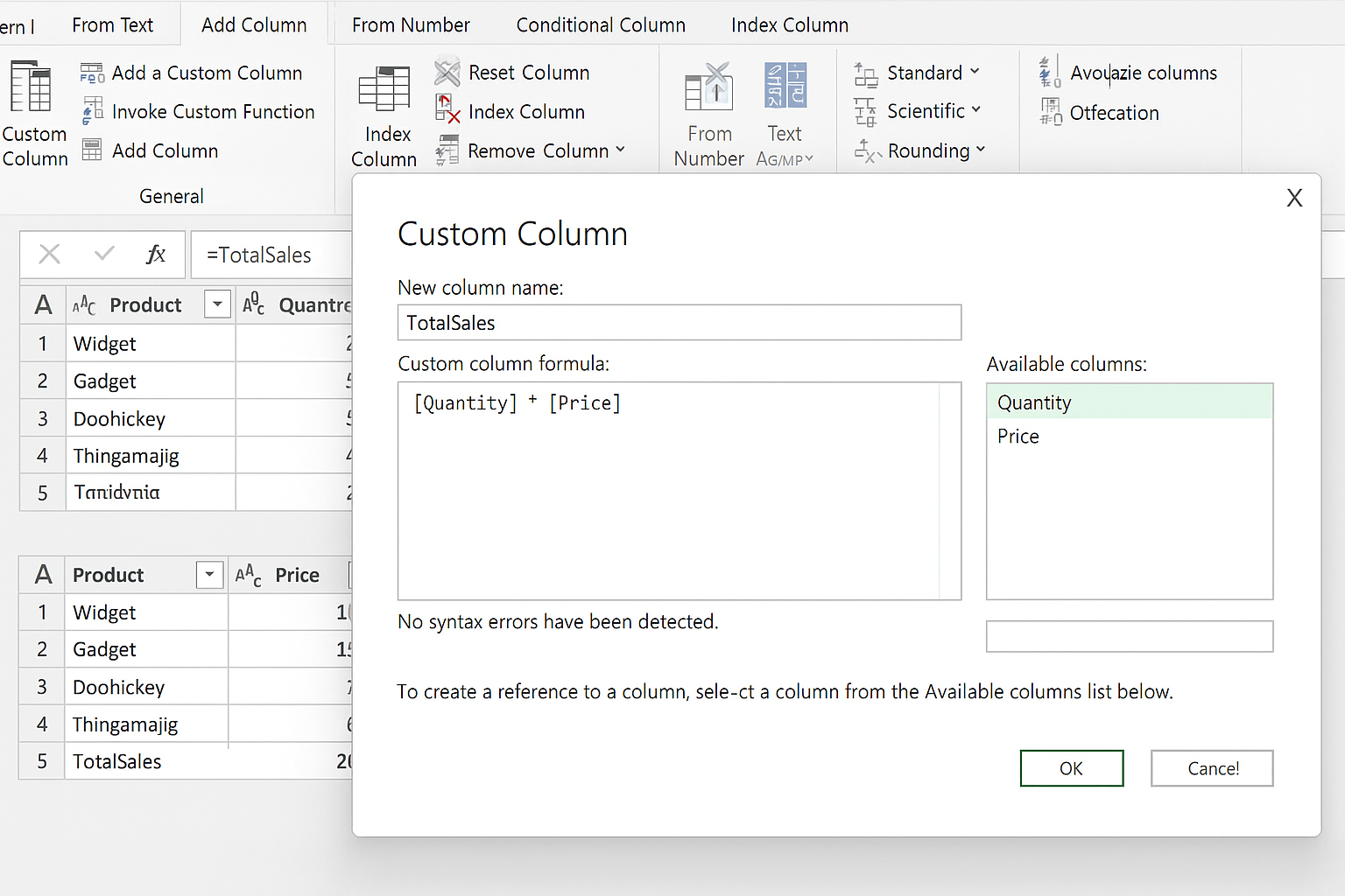 Power Query Editor Custom Column dialog with TotalSales formula entered