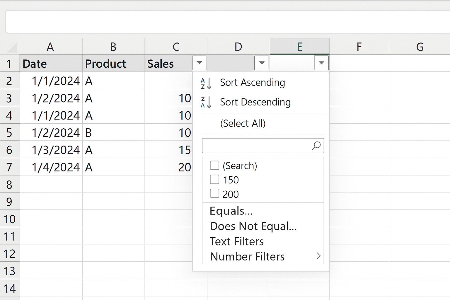 Power Query Editor column header filter dropdown showing filter options