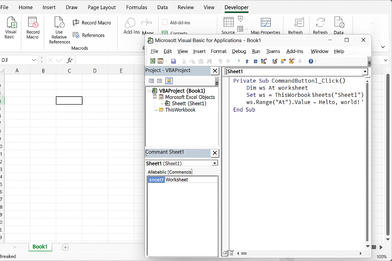 Excel VBA editor opened with code window visible