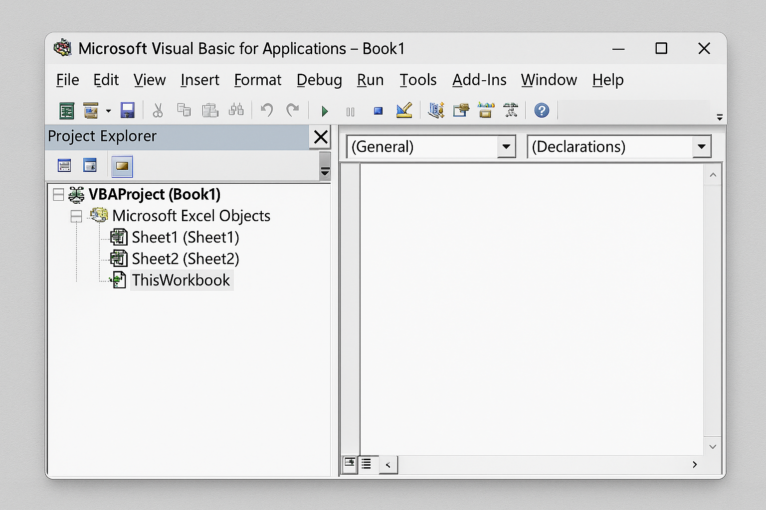 VBA editor Project Explorer with worksheet and ThisWorkbook modules visible