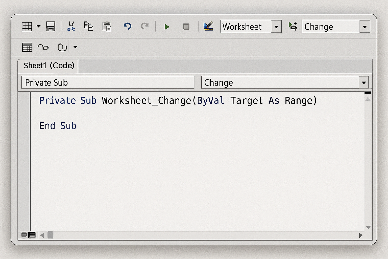 VBA editor code window with object and event dropdowns selected