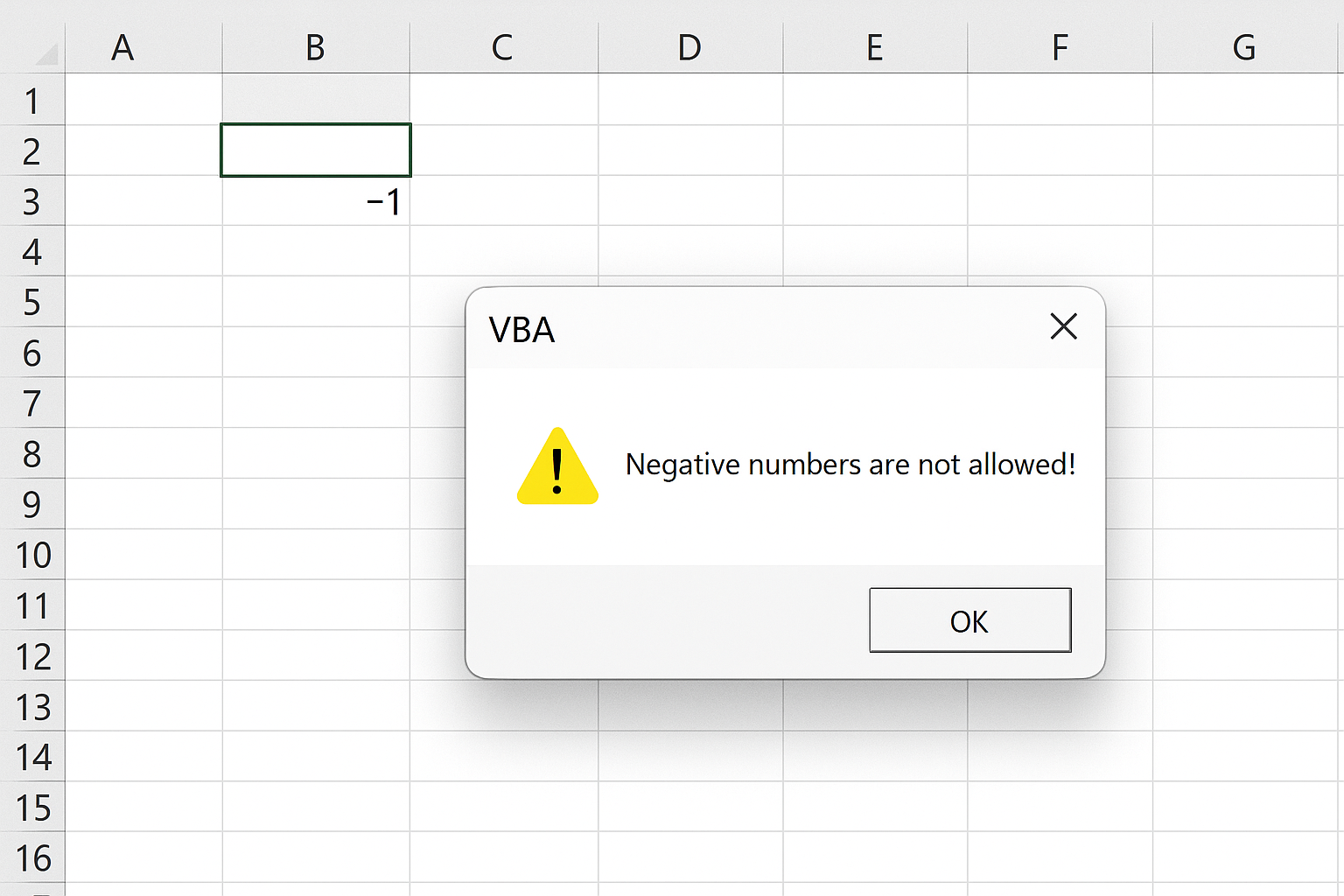 Excel worksheet with a negative number entry cleared and a message box warning
