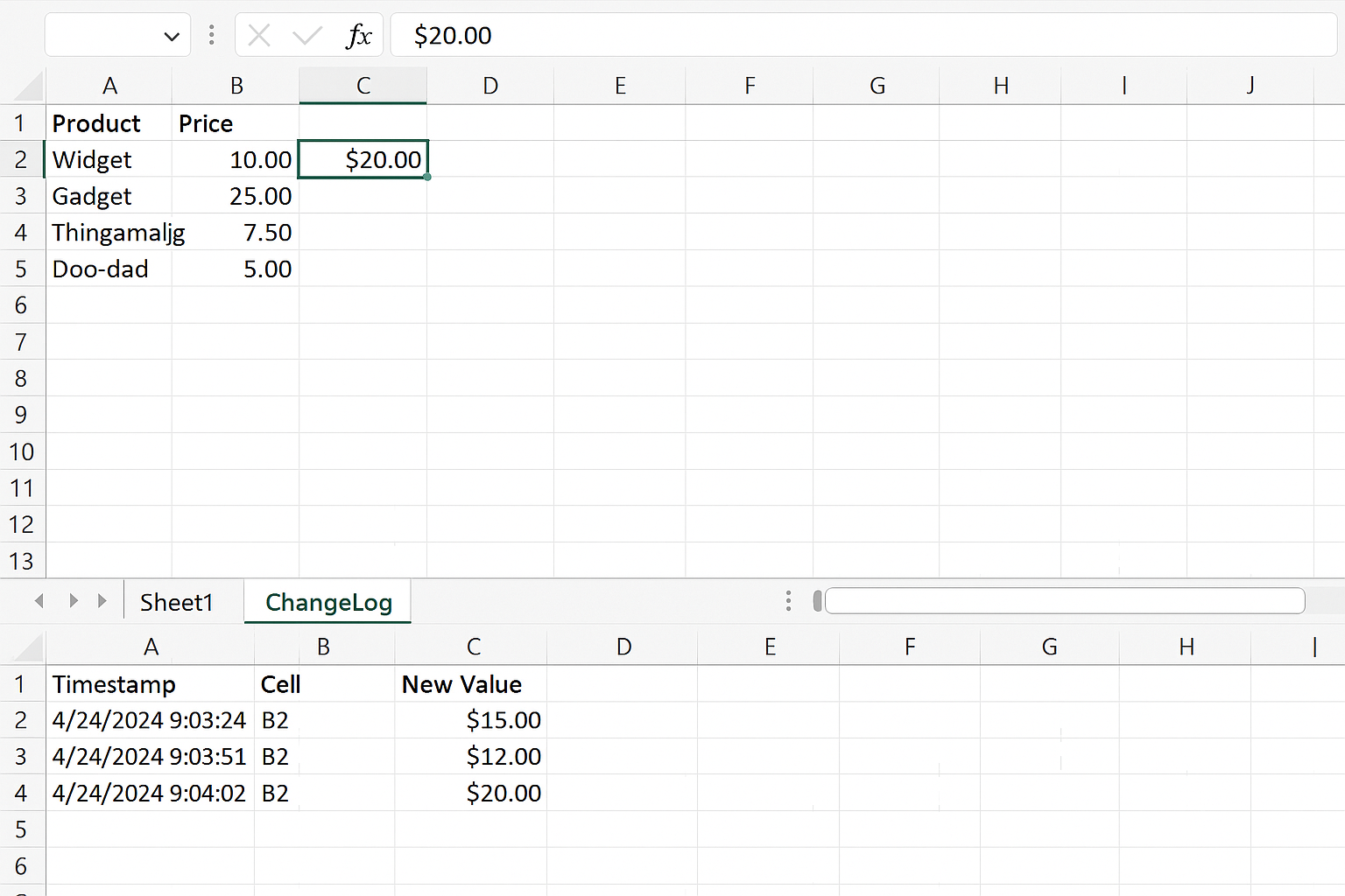 Excel workbook with a ChangeLog worksheet showing logged changes with timestamps and cell addresses