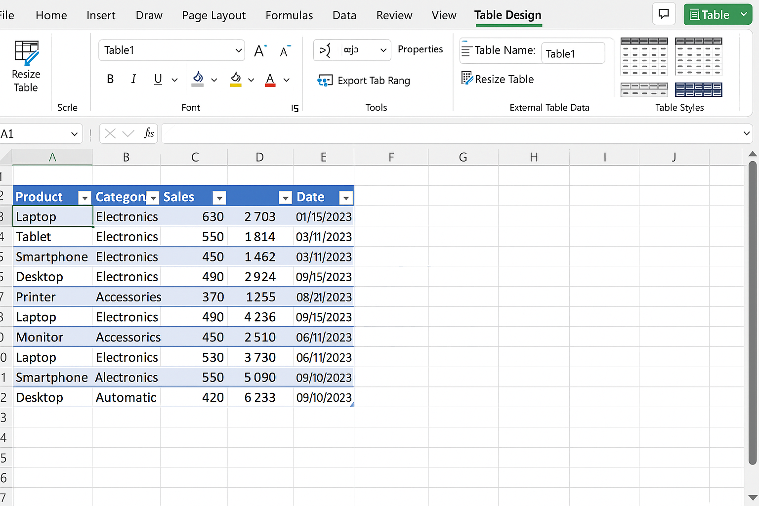Excel worksheet showing a selected data range converted into a formatted Table