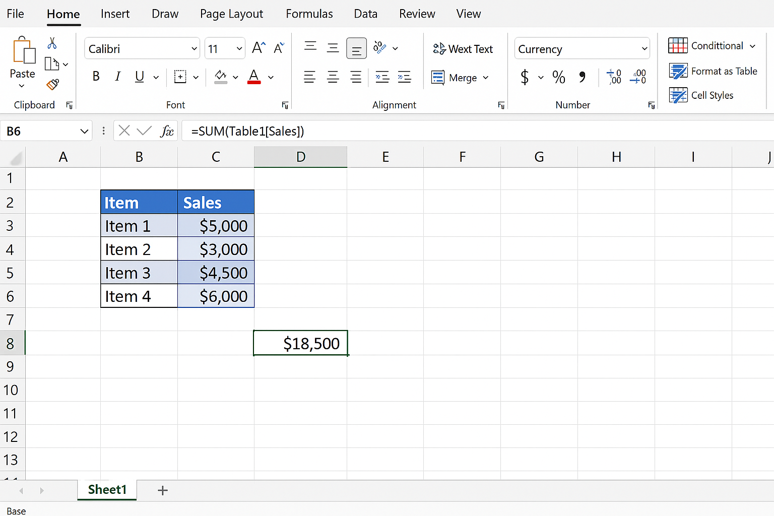 Excel worksheet showing a formula calculating total sales with the result formatted as currency