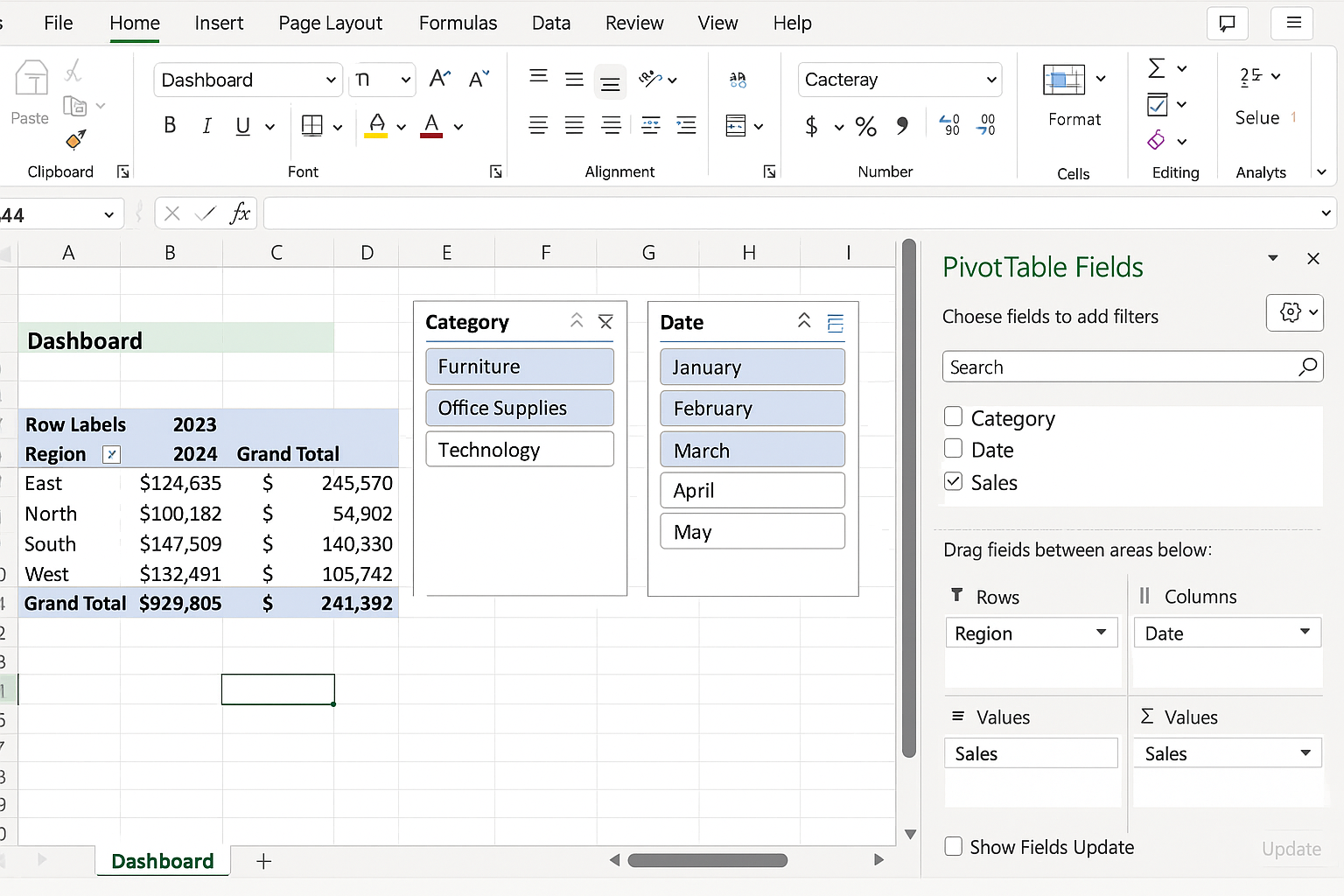 Excel worksheet showing a PivotTable on the Dashboard sheet with fields arranged and slicers added for filtering