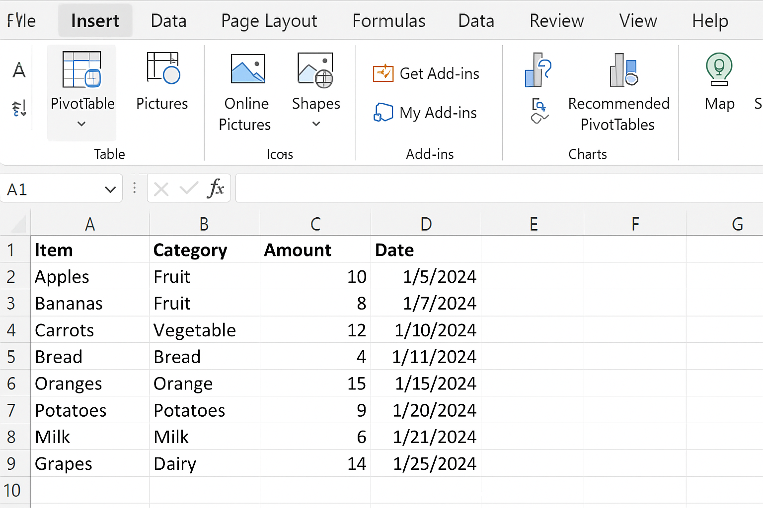 Excel Insert tab open with PivotTable option highlighted