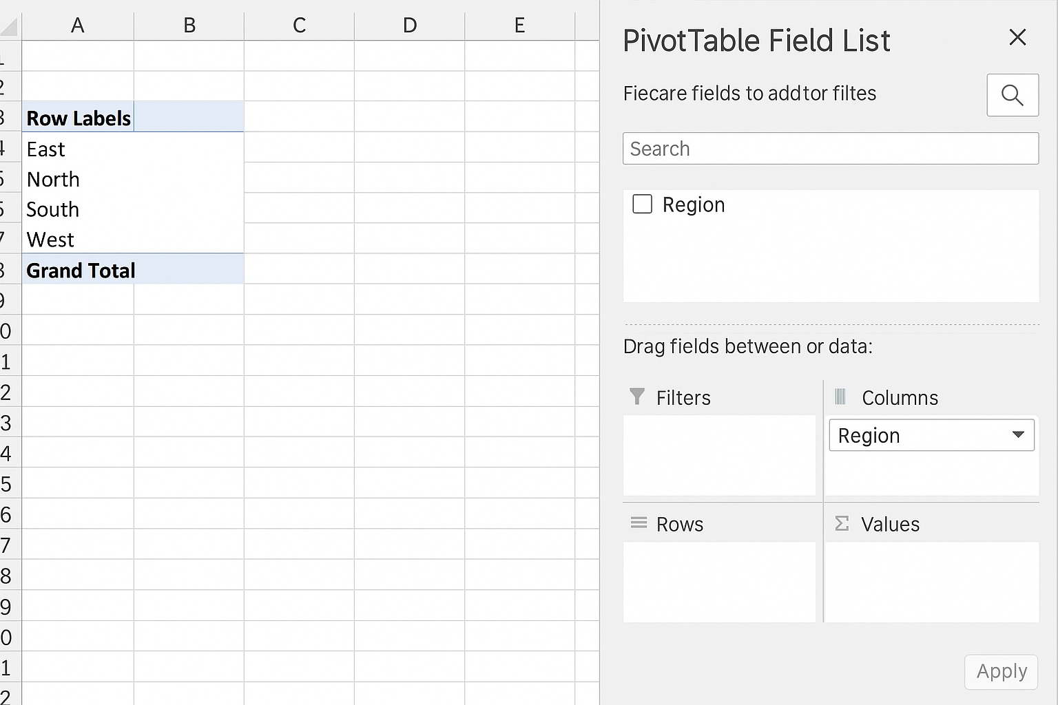 Pivot Table Field List with Region field dragged to Rows area and Pivot Table showing row labels by Region