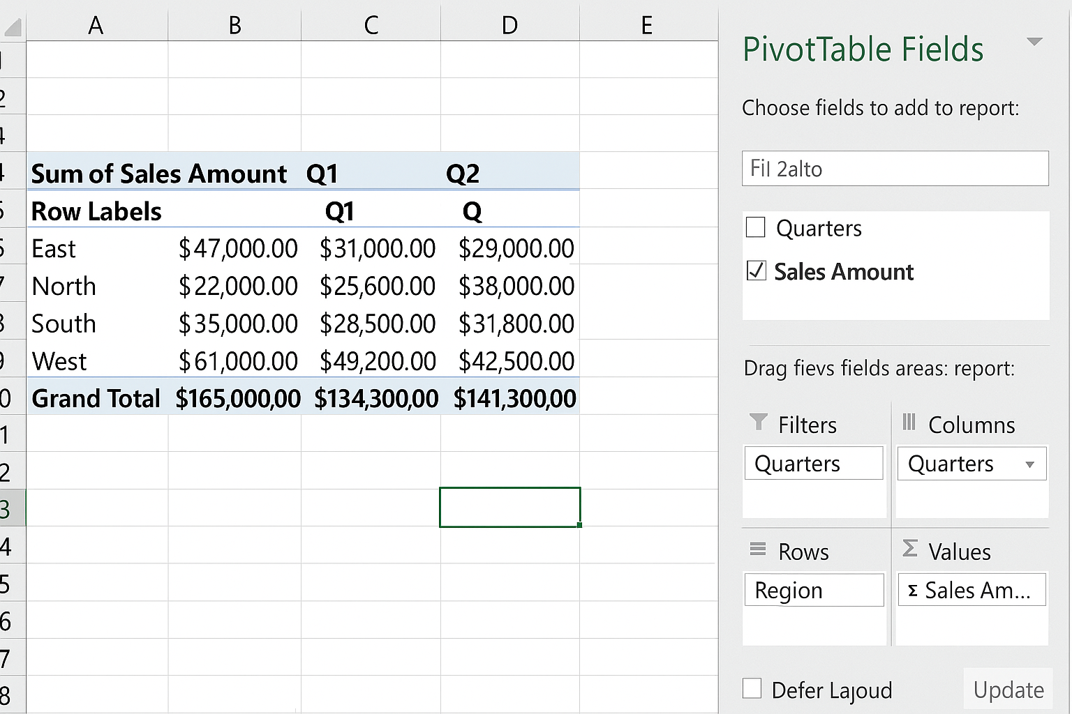 Pivot Table showing summed Sales Amount values in the Values area