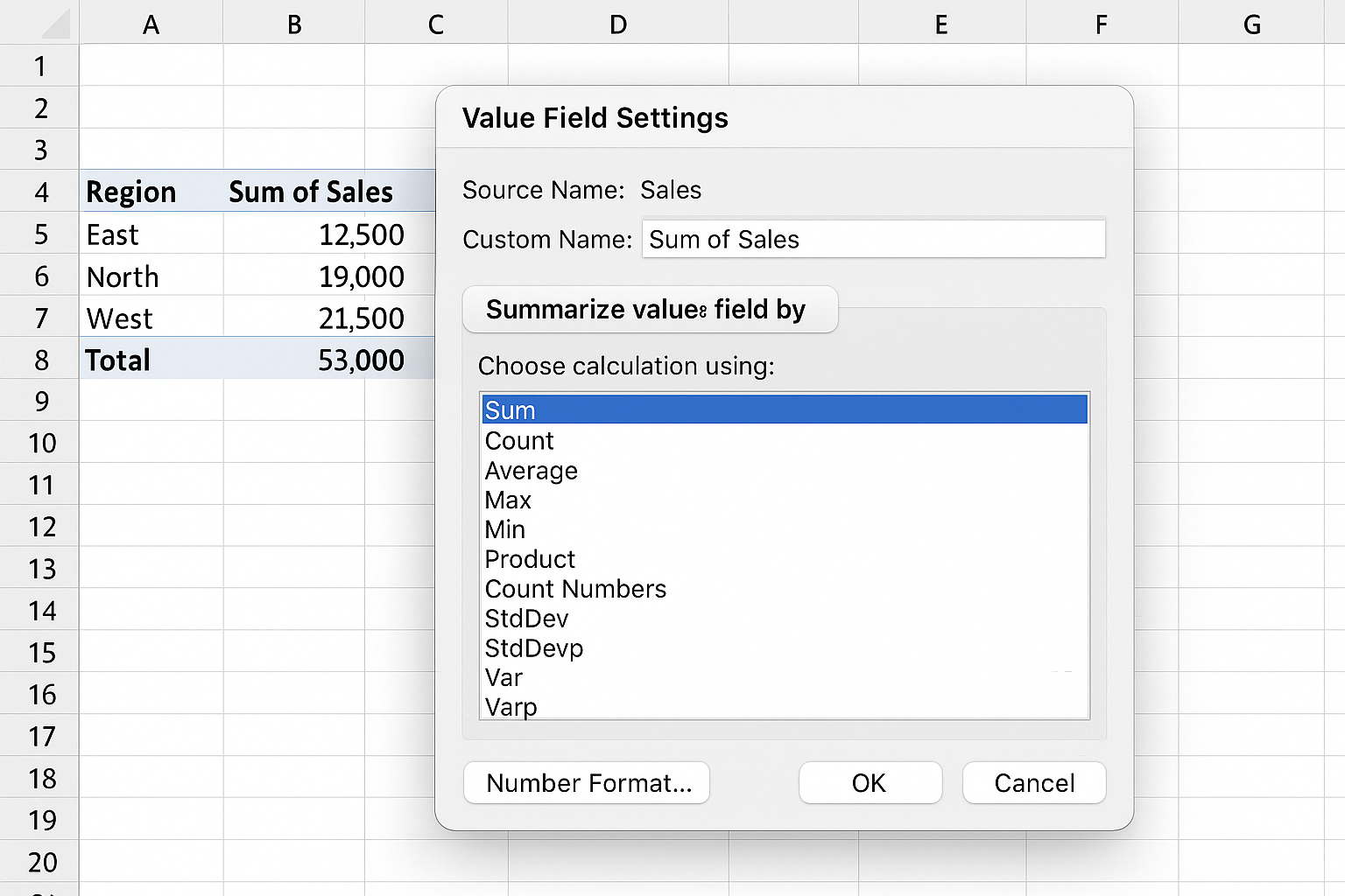 Value Field Settings dialog open for a field in the Values area