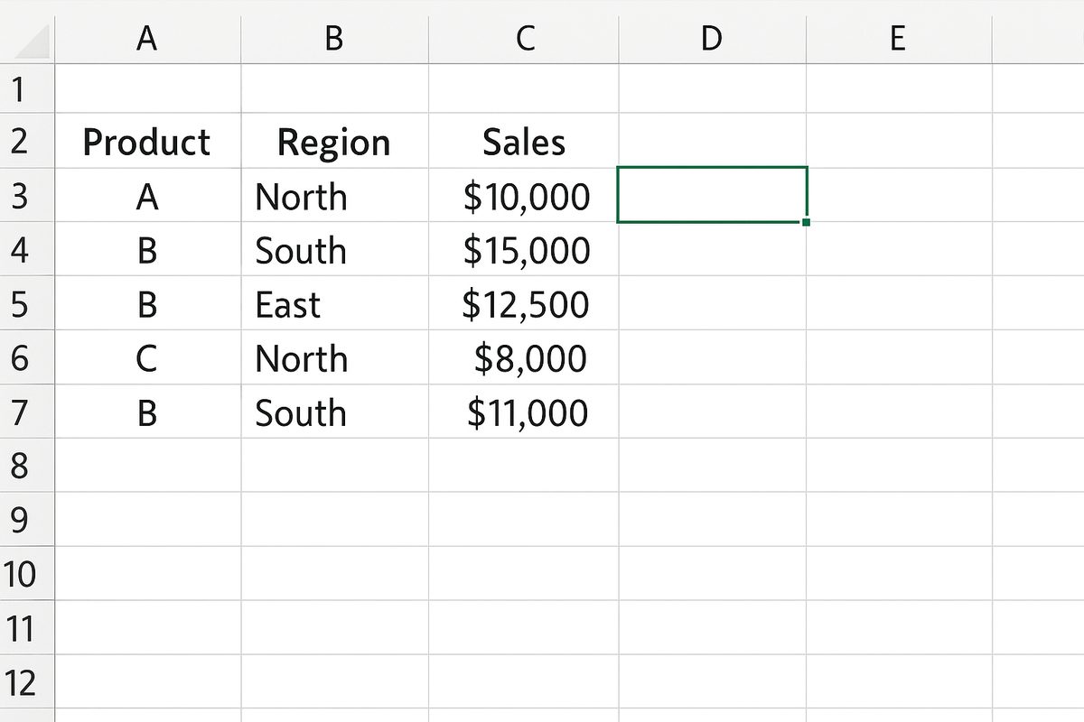 Excel worksheet with cell F2 selected as the output cell for the pivot table