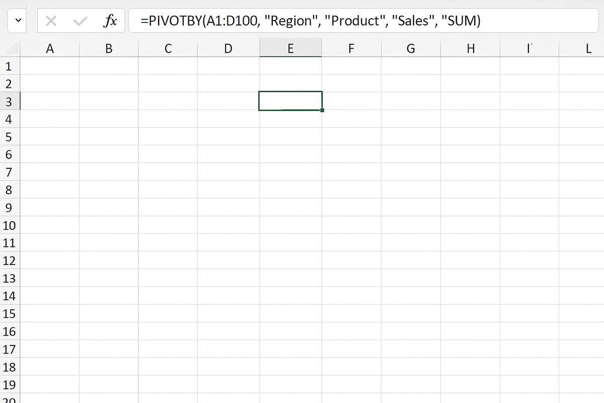 Excel worksheet showing the formula =PIVOTBY(A1:D100, 