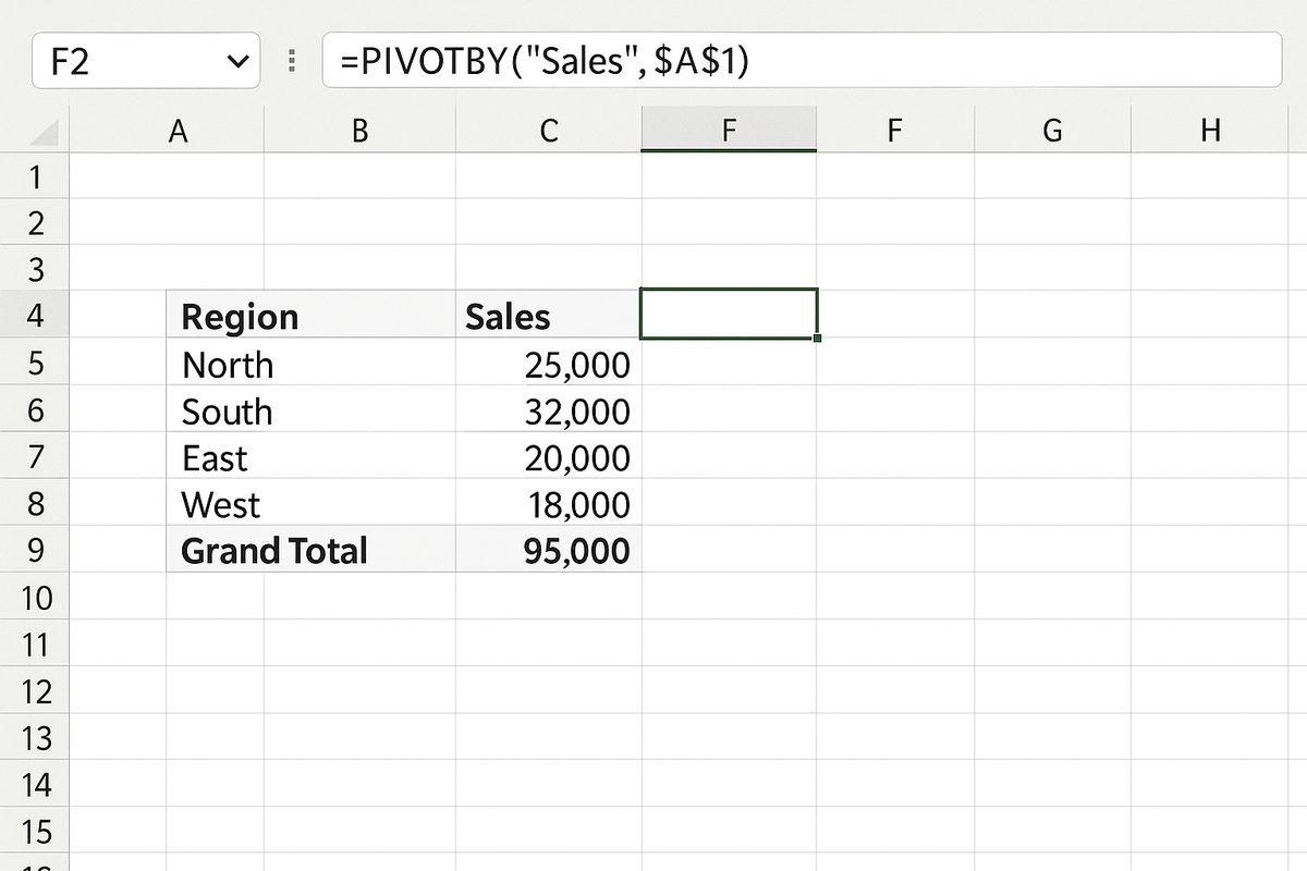 Excel worksheet with the cell containing the PIVOTBY formula selected, ready for recalculation with F9