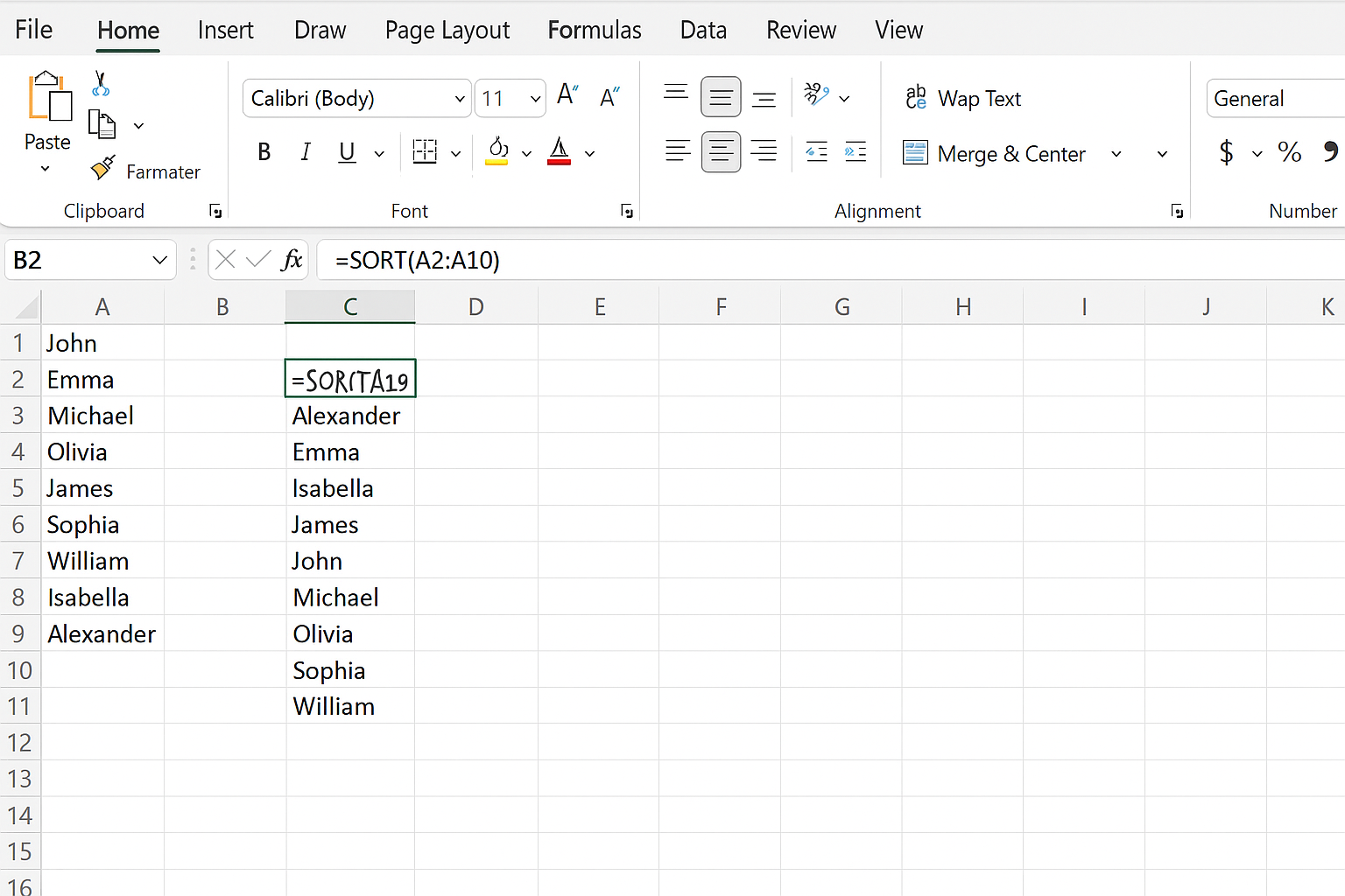 Excel worksheet showing a list of names in column A sorted alphabetically using the SORT function