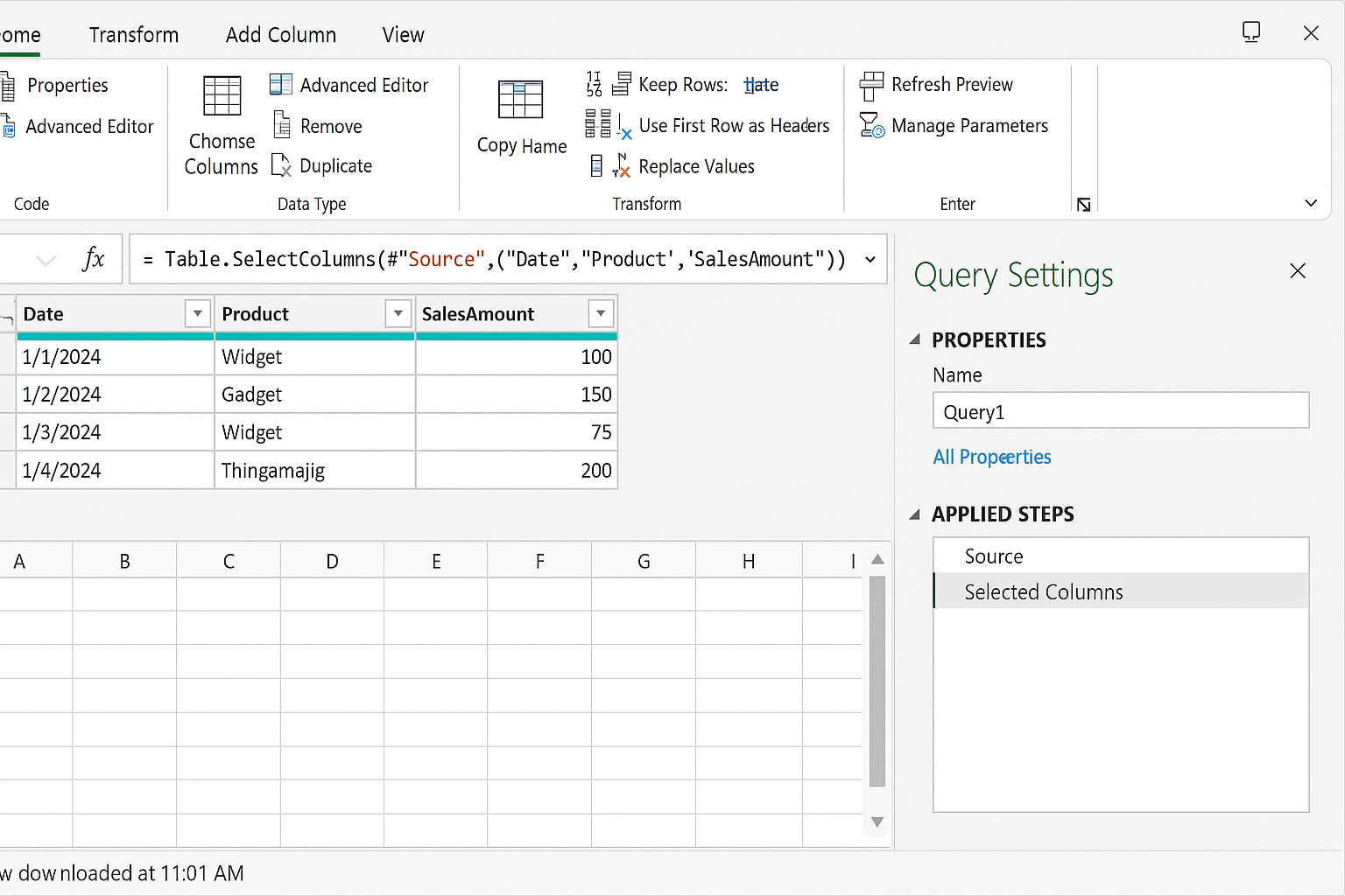 Power Query Editor showing applied step using Table.SelectColumns to select specific columns
